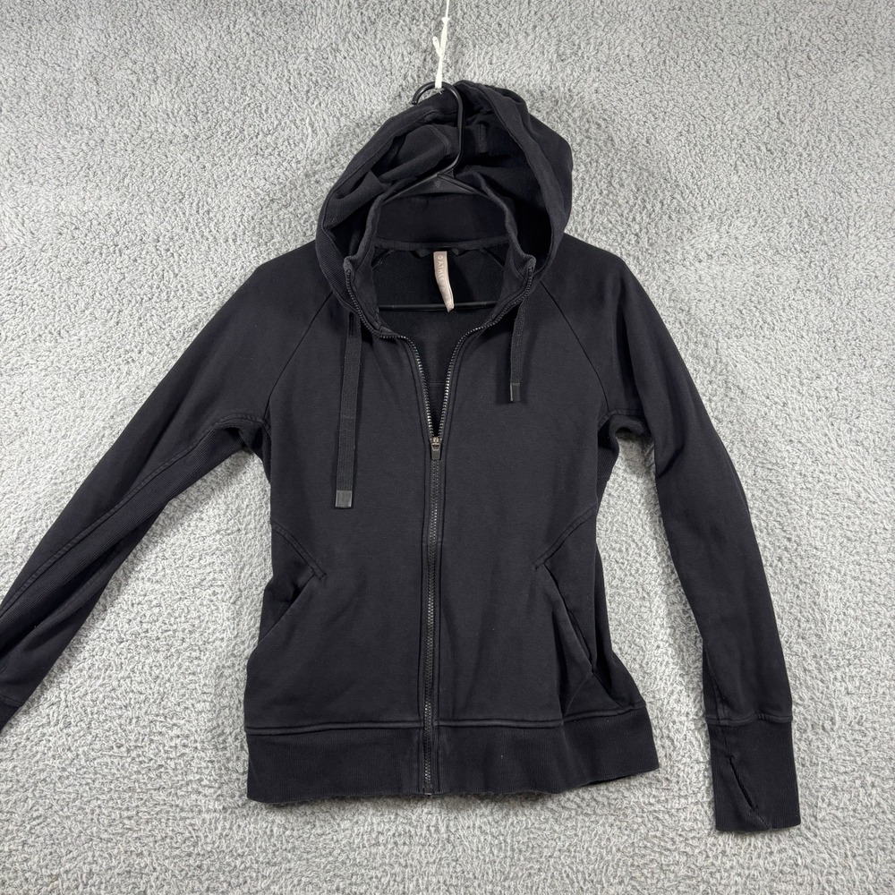 Athleta Womens Black Full Zip Fleece Hoodie Sweatshirt Thumbholes Size S